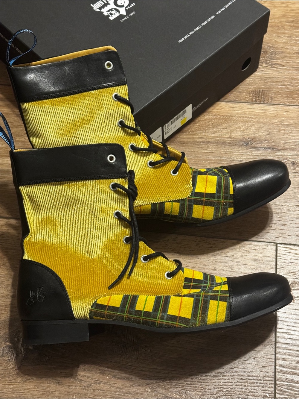 John Fluevog Yellow and Black Plaid Radio Lace-Up Men's Boots 13